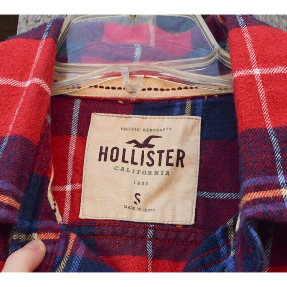 Men's Hollister 100% Cotton Red Tartan Plaid Heavy Button Up Flannel Shirt Sz S - Picture 3 of 4